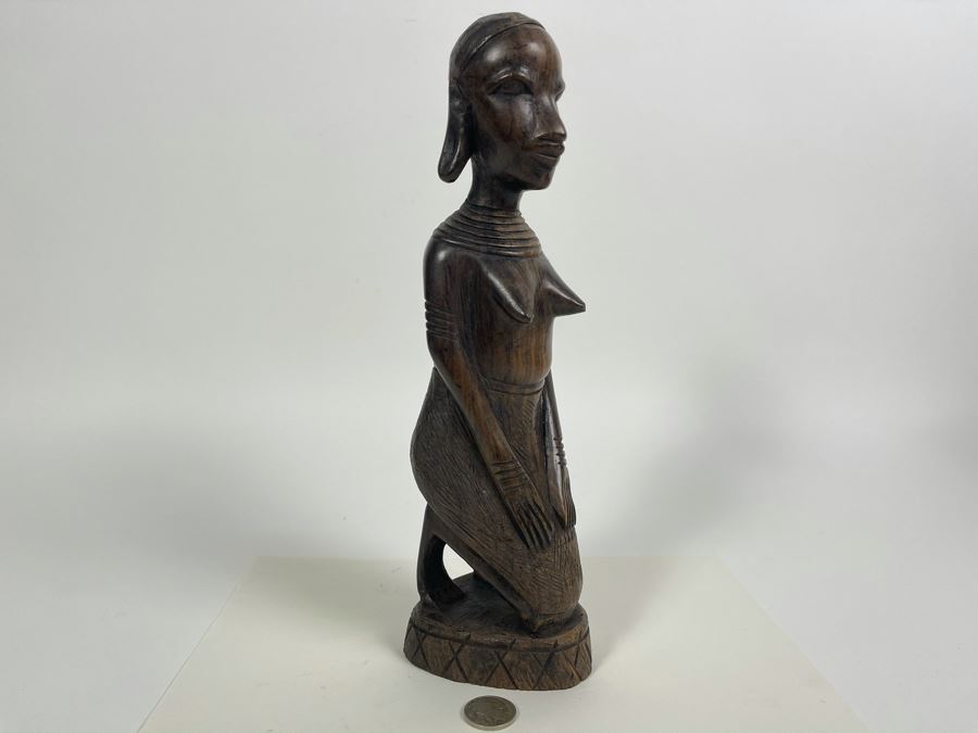 Vintage Handcarved Wooden Woman Sculpture From Africa 11H