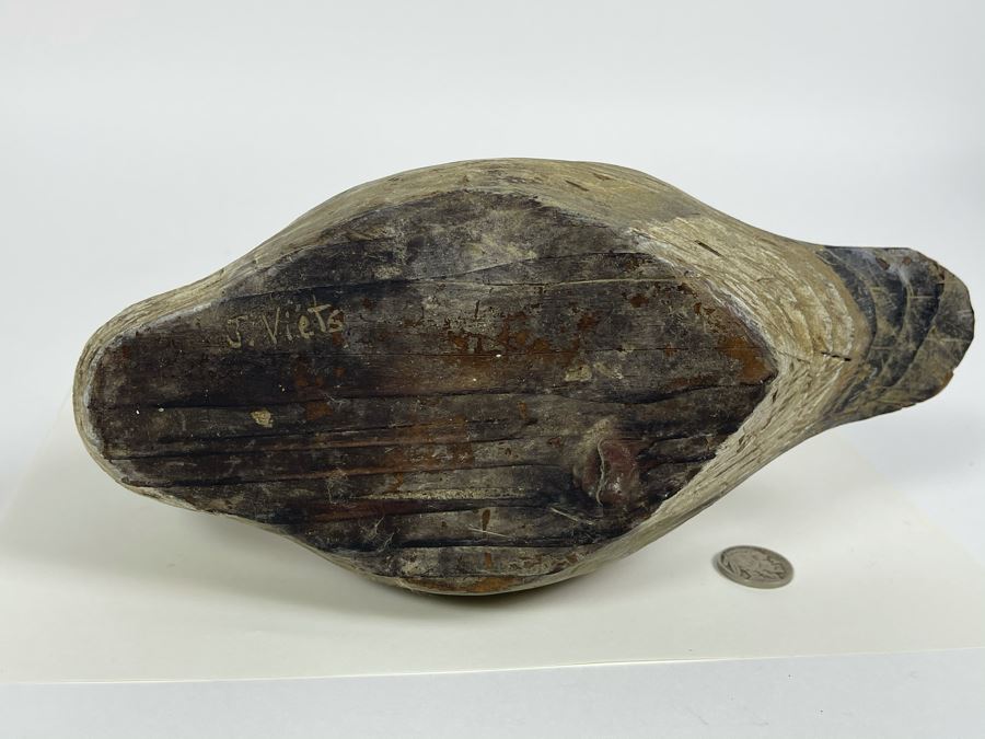 Old Hand Carved Wooden Duck Signed J. Viets 10W X 4.5W X 5.5H [Photo 10]