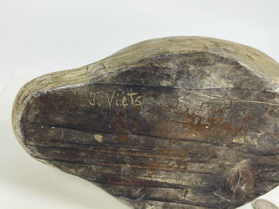 Old Hand Carved Wooden Duck Signed J. Viets 10W X 4.5W X 5.5H [Photo 11]