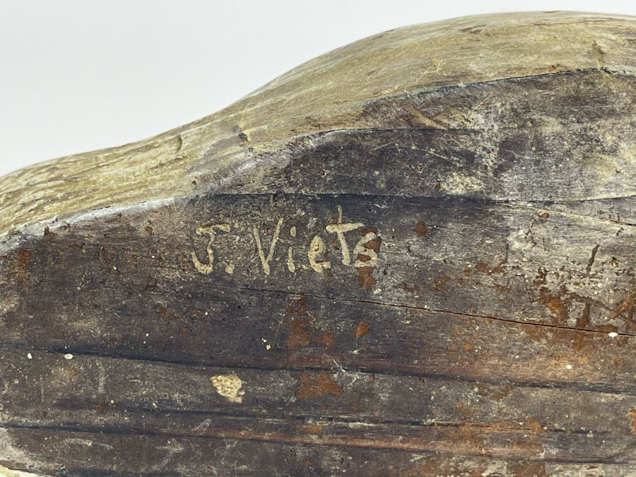 Old Hand Carved Wooden Duck Signed J. Viets 10W X 4.5W X 5.5H [Photo 12]