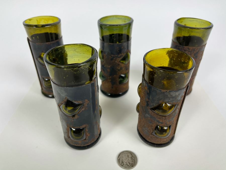 Pair Of Five Vintage Glass And Metal Barware Glasses 4H [Photo 3]