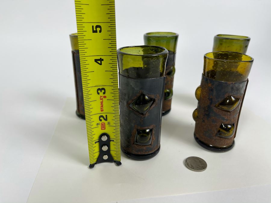 Pair Of Five Vintage Glass And Metal Barware Glasses 4H [Photo 5]