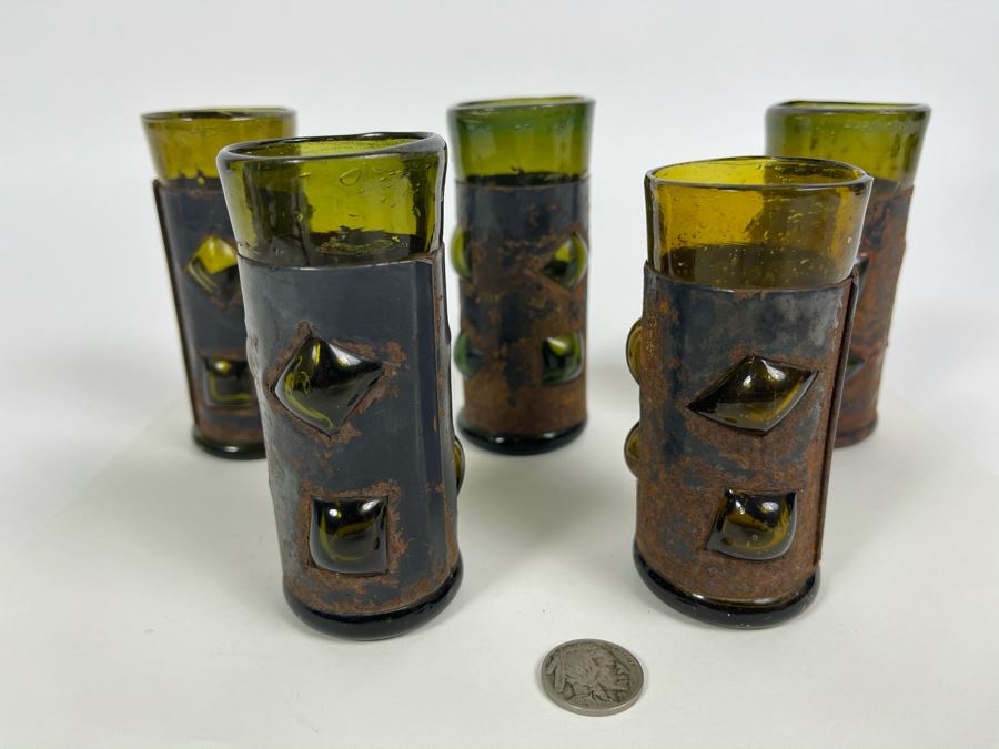 Pair Of Five Vintage Glass And Metal Barware Glasses 4H