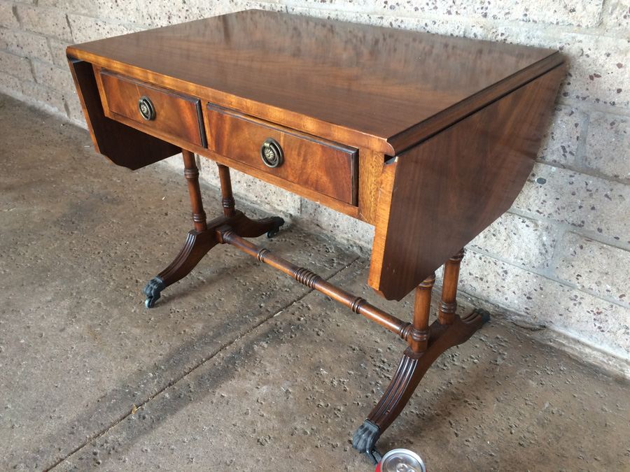English Drop-Leaf Table with 2 Drawers and Metal Casters [Photo 4]