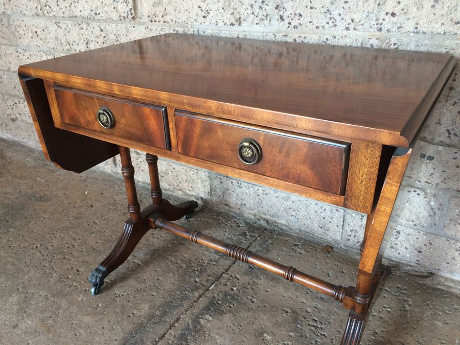 English Drop-Leaf Table with 2 Drawers and Metal Casters [Photo 3]