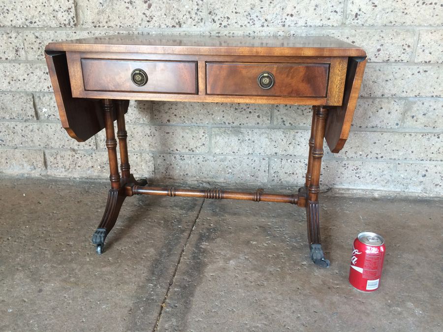 English Drop-Leaf Table with 2 Drawers and Metal Casters [Photo 1]