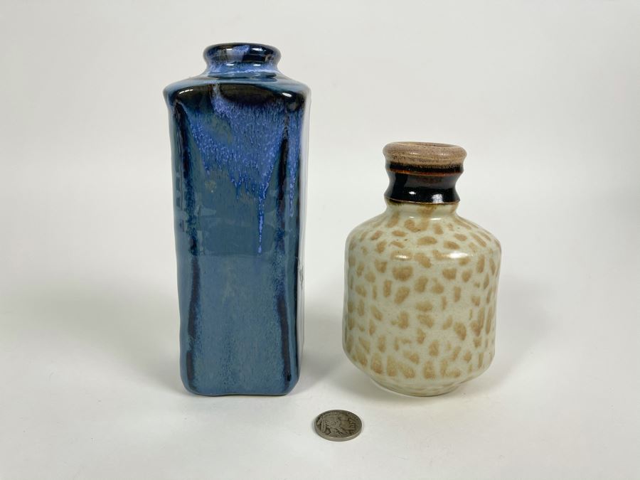 Pair Of Mid-Century Pottery Bottles 5H And 7H