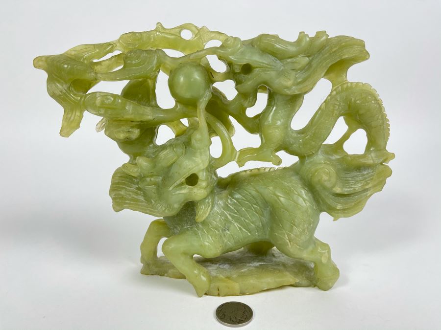 Vintage Asian Green Stone Dragon Carving 8.5W X 2D X 6.5H [Photo 1]