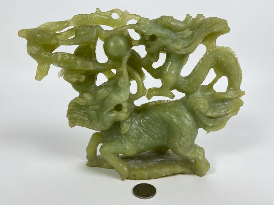 Vintage Asian Green Stone Dragon Carving 8.5W X 2D X 6.5H [Photo 2]