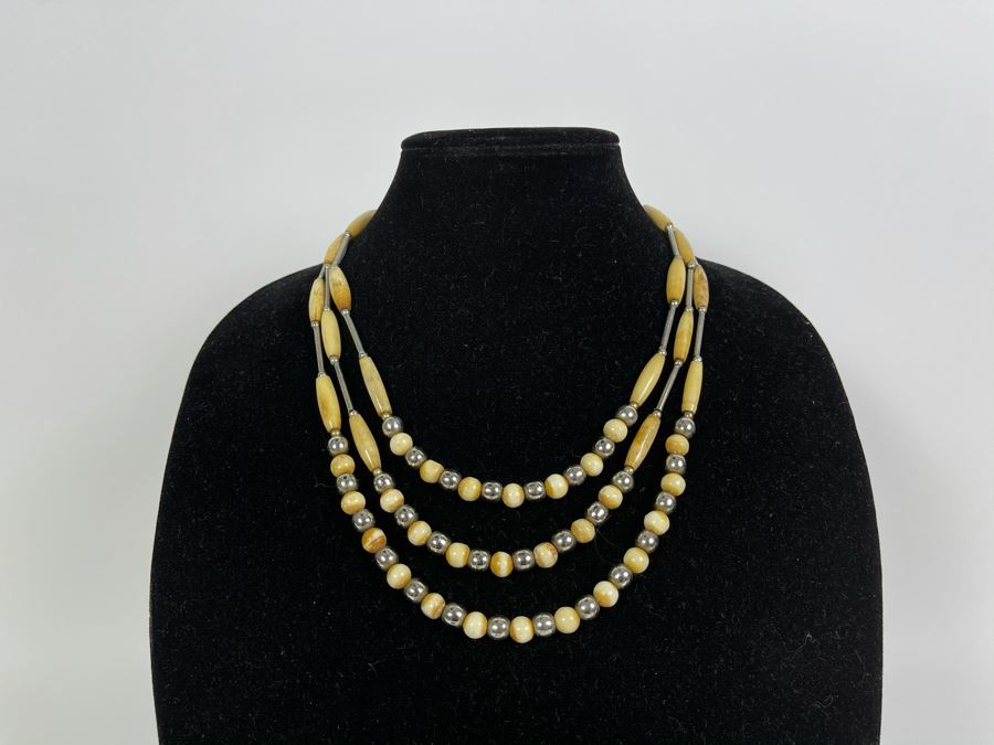 JUST ADDED - Sterling Silver And Bone Necklace 22'L [Photo 2]