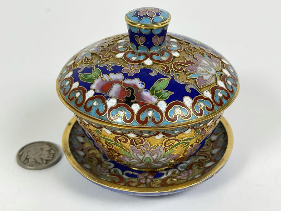 Vintage Chinese Cloisonne Jar With Lid And Dish [Photo 3]