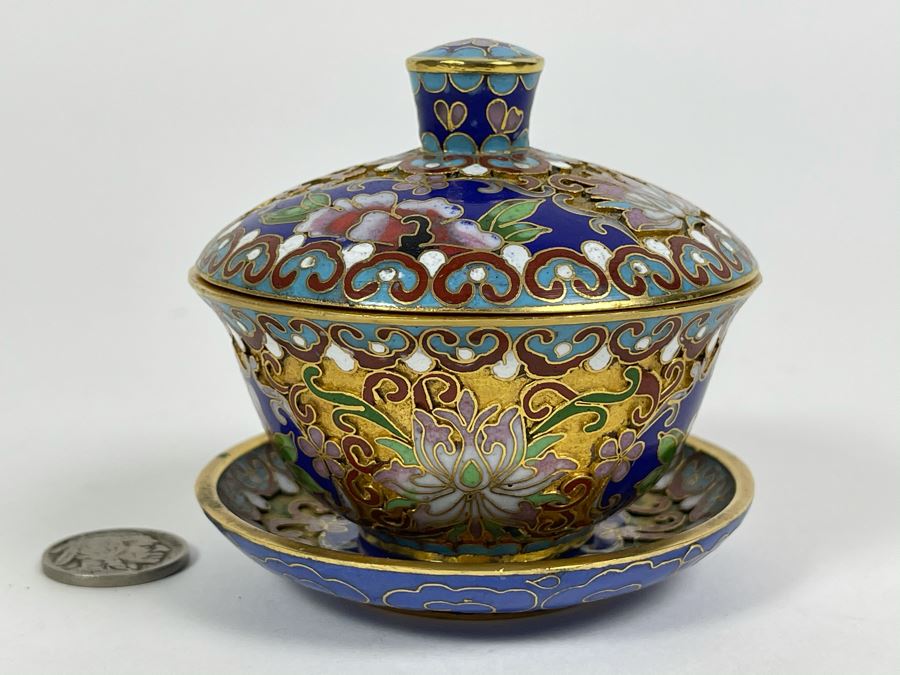 Vintage Chinese Cloisonne Jar With Lid And Dish [Photo 2]
