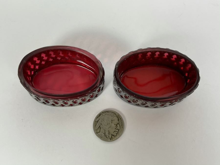 Pair Of Vintage Ruby Glass Sterling Silver Salt Cellars [Photo 3]