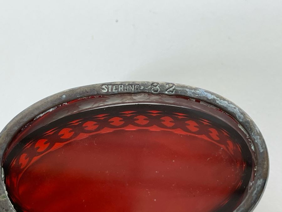 Pair Of Vintage Ruby Glass Sterling Silver Salt Cellars [Photo 5]