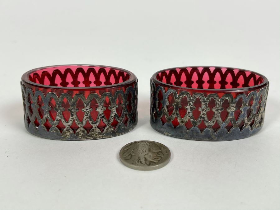 Pair Of Vintage Ruby Glass Sterling Silver Salt Cellars [Photo 2]