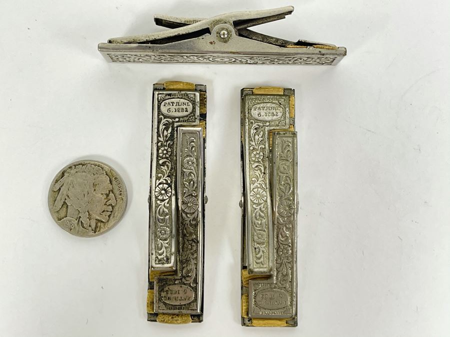 Set Of Three Antique Repousse Clips With 1882 Patent Date [Photo 2]