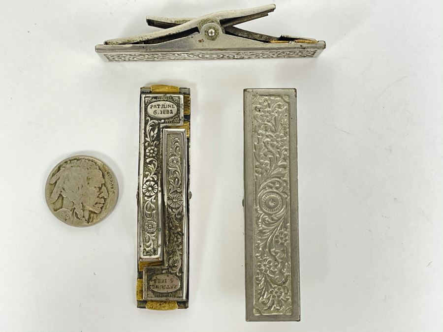 Set Of Three Antique Repousse Clips With 1882 Patent Date [Photo 1]