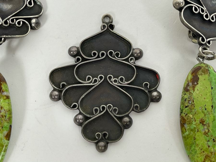 Vintage Sterling Silver Pendant And Pair Of Sterling Silver Turquoise Clip-On Earrings 26.5g [Photo 3]