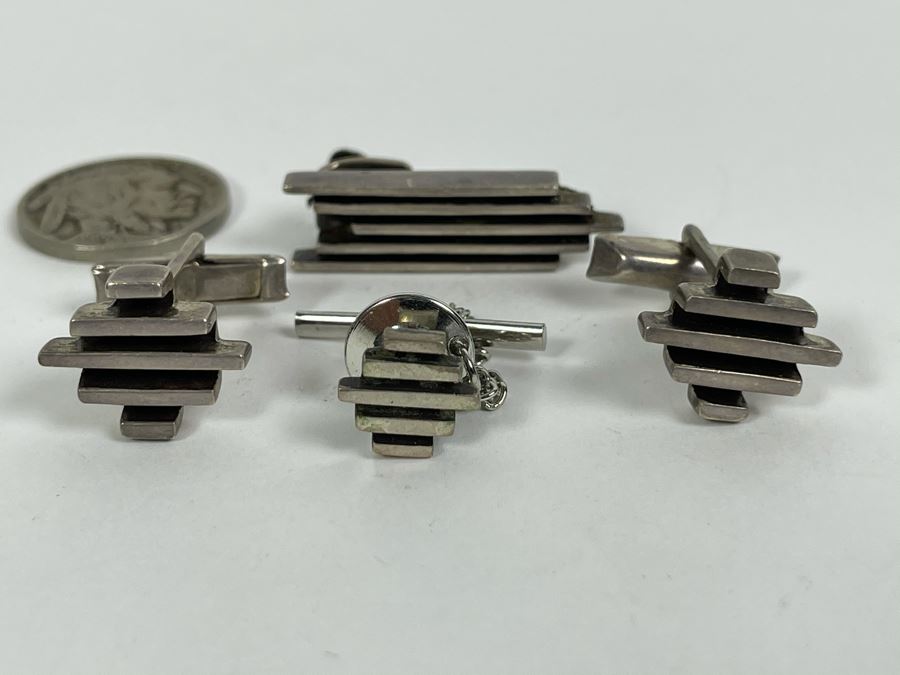 Vintage Sterling Silver Men's Cufflinks, Tie Tack And Tie Clip 20.7g [Photo 2]