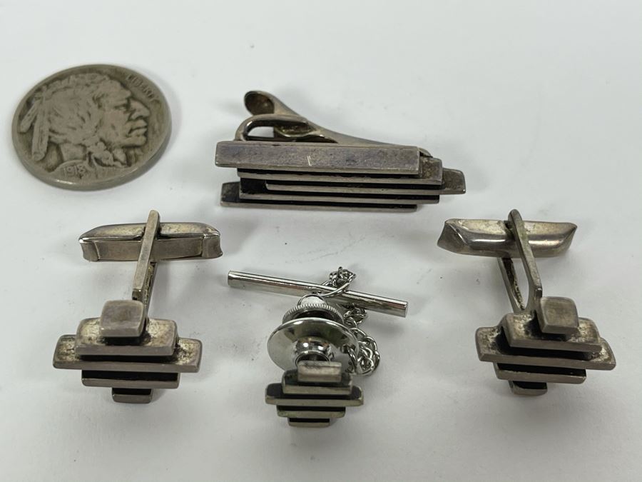 Vintage Sterling Silver Men's Cufflinks, Tie Tack And Tie Clip 20.7g [Photo 3]