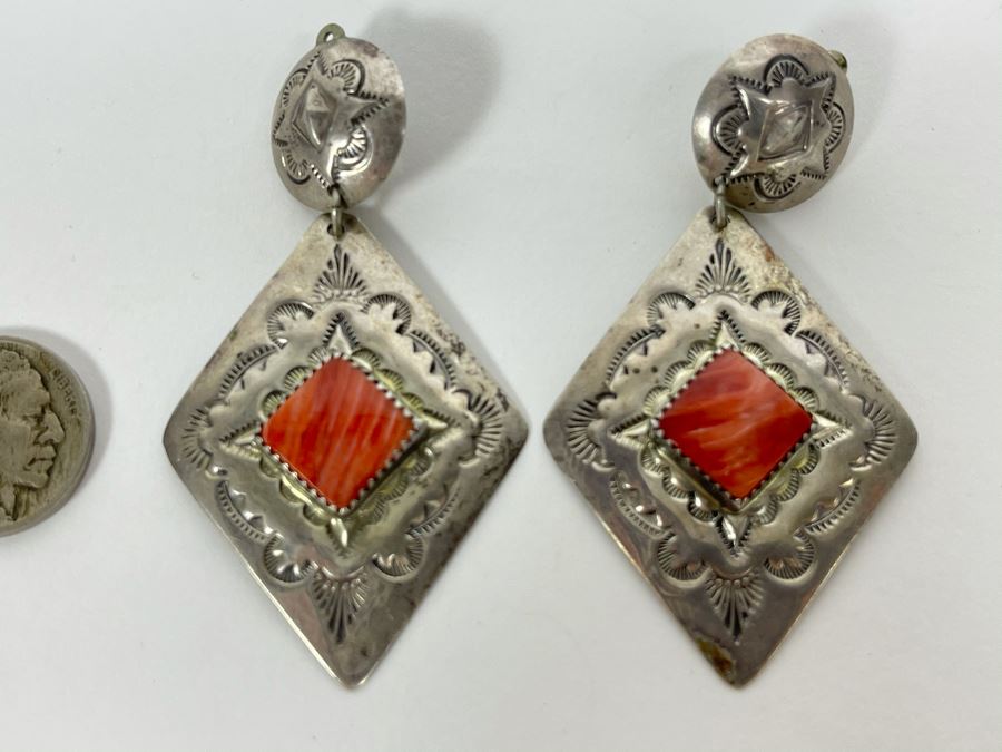 Vintage Native American Clip-On Earrings Signed BS 20g [Photo 2]