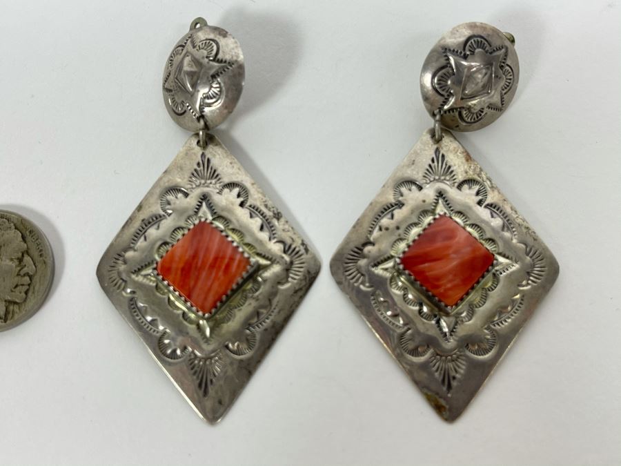 Vintage Native American Clip-On Earrings Signed BS 20g