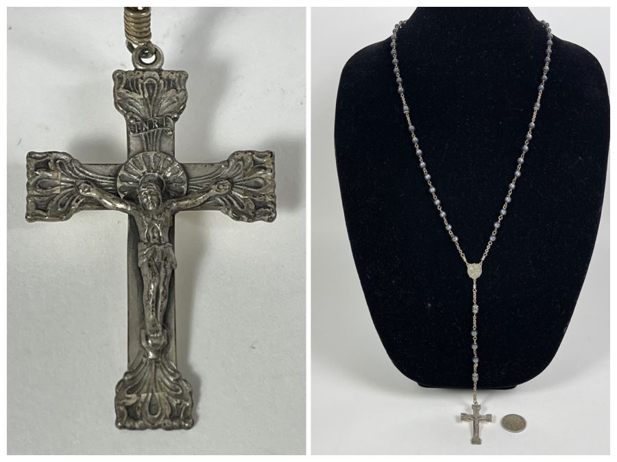 Vintage Sterling Silver Cross Rosary Necklace 25.5g [Photo 1]