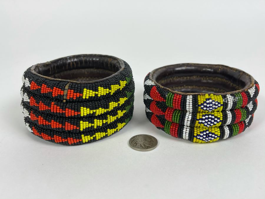 Pair Of Vintage African Beaded Cuff Bracelets