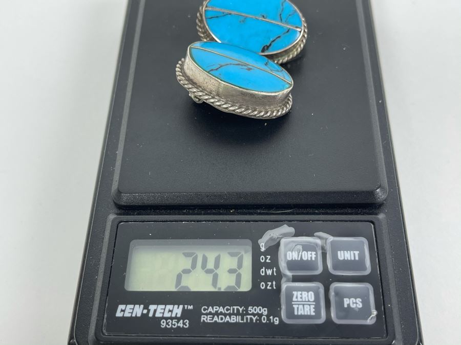 Pair Of Sterling Silver Turquoise Clip-On Earrings 24.3g [Photo 7]