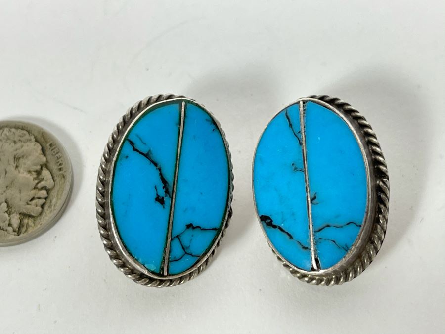 Pair Of Sterling Silver Turquoise Clip-On Earrings 24.3g [Photo 1]