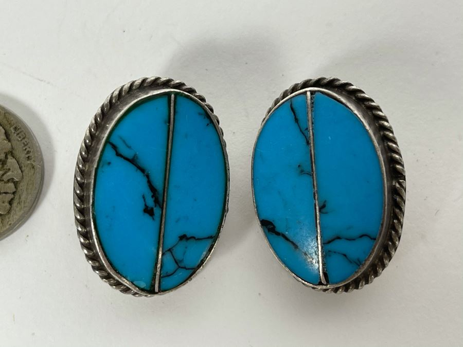 Pair Of Sterling Silver Turquoise Clip-On Earrings 24.3g [Photo 2]