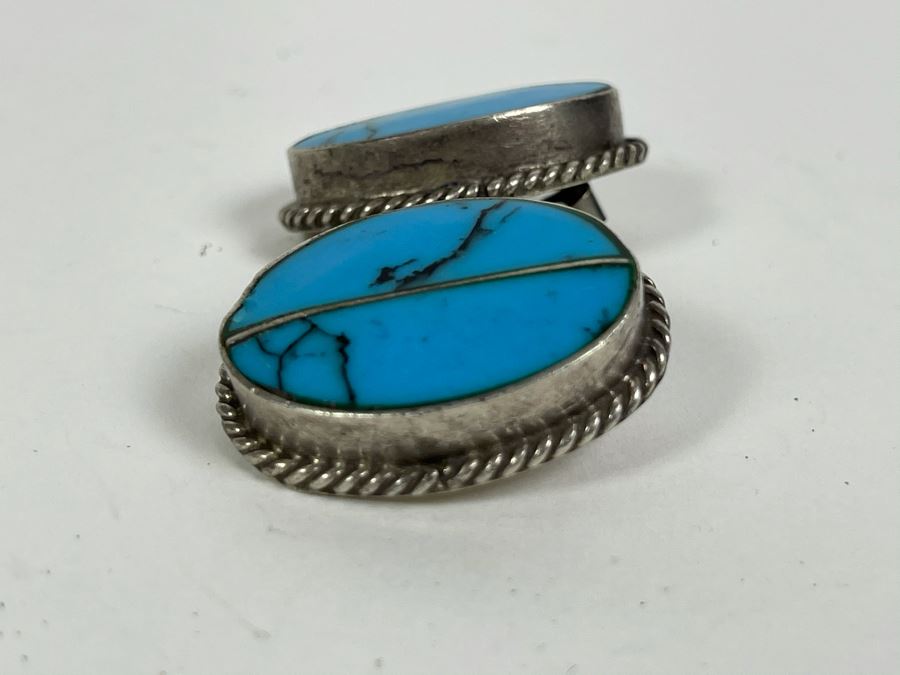 Pair Of Sterling Silver Turquoise Clip-On Earrings 24.3g [Photo 3]