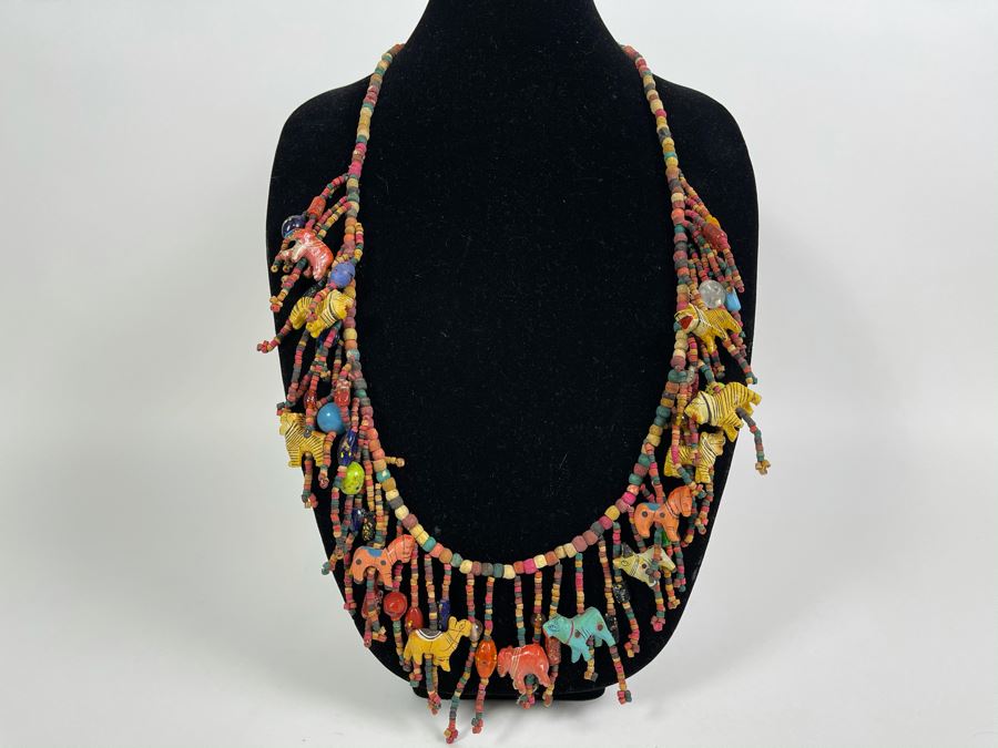 Large Ethnic Folk Art Hand Painted Animals 40' Necklace [Photo 2]