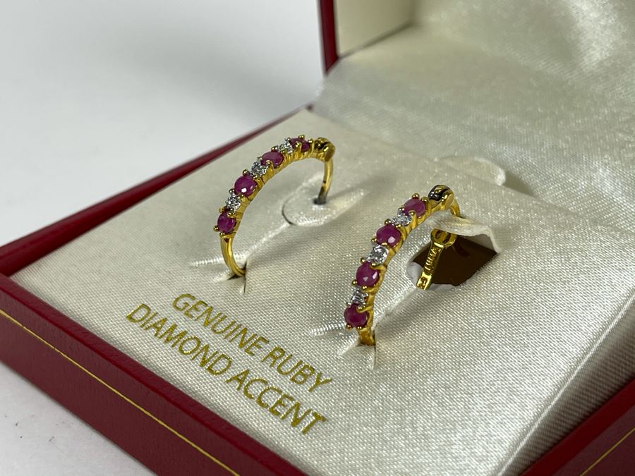 18K Gold Over Silver Ruby And Diamond Earrings 2g [Photo 6]