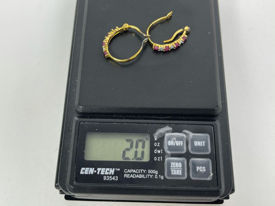 18K Gold Over Silver Ruby And Diamond Earrings 2g [Photo 8]