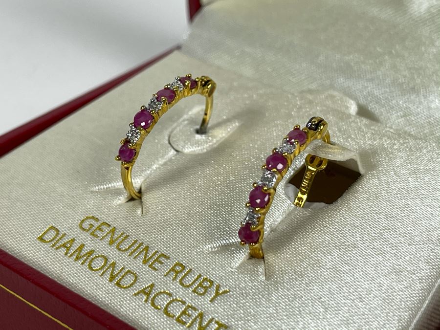 18K Gold Over Silver Ruby And Diamond Earrings 2g [Photo 1]