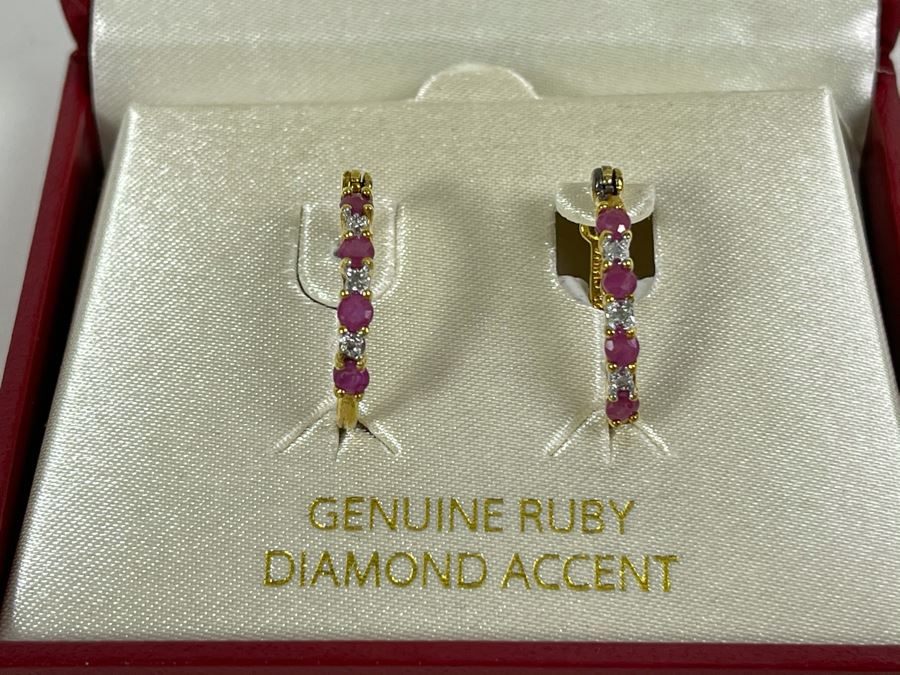 18K Gold Over Silver Ruby And Diamond Earrings 2g [Photo 3]