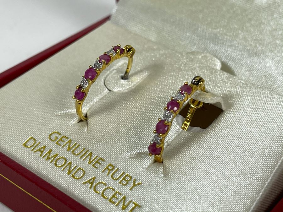 18K Gold Over Silver Ruby And Diamond Earrings 2g [Photo 2]