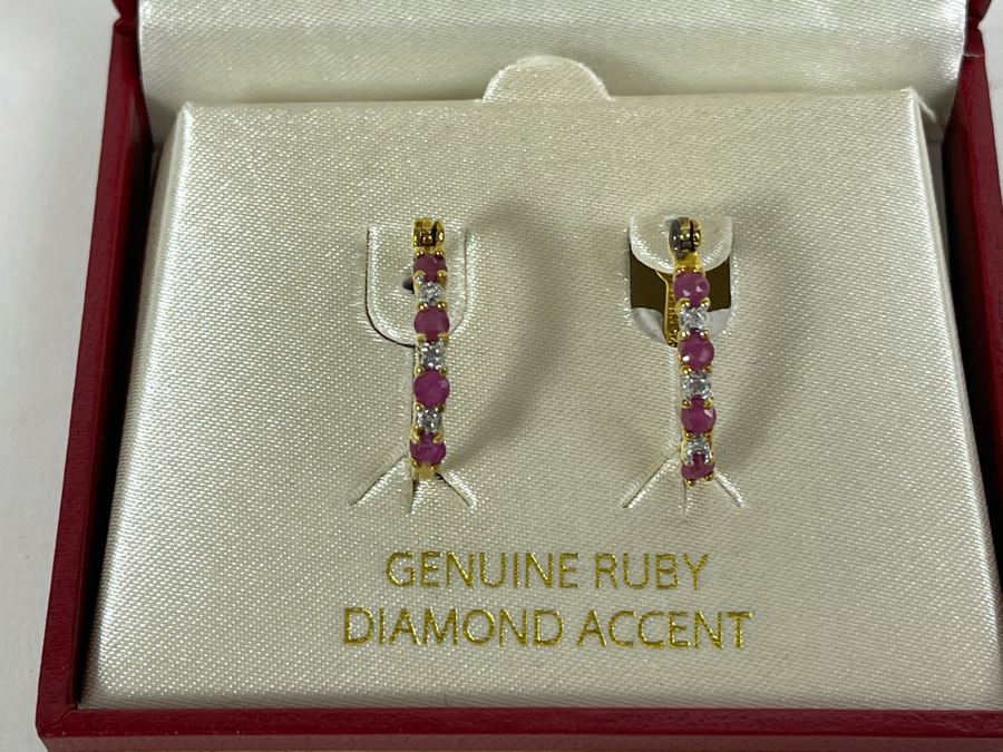 18K Gold Over Silver Ruby And Diamond Earrings 2g [Photo 4]