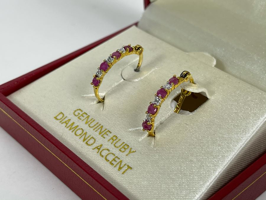 18K Gold Over Silver Ruby And Diamond Earrings 2g [Photo 7]