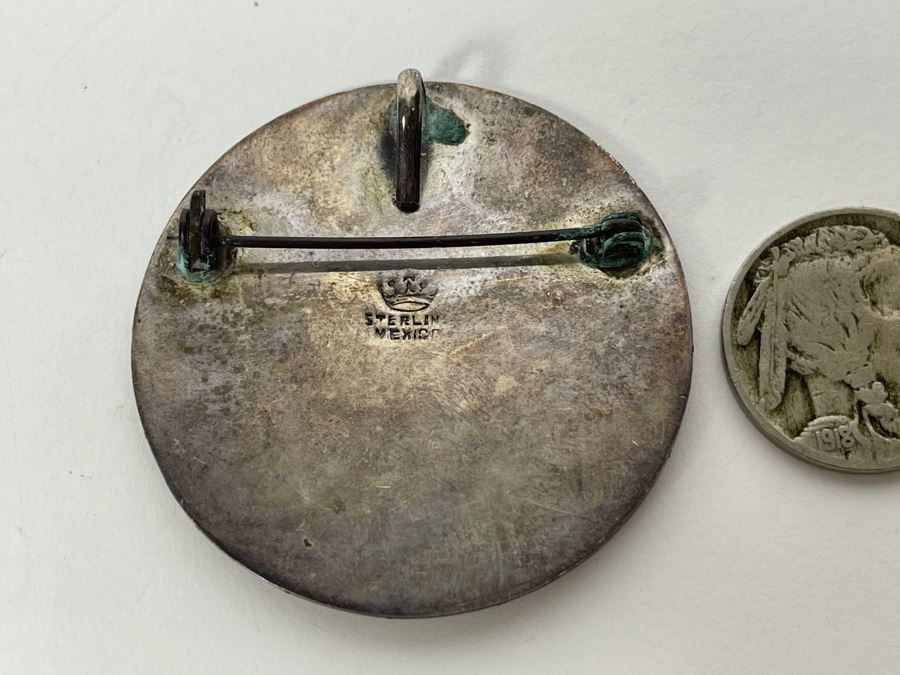 Vintage Sterling Silver Repousse Mexican Pendant Brooch Pin 15.8g [Photo 6]