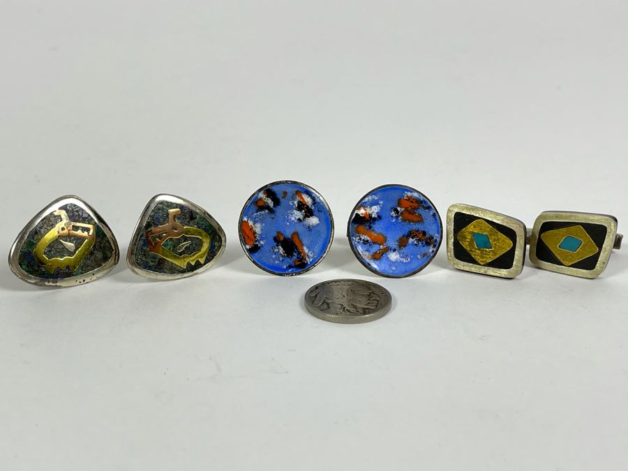 Three Pairs Of Men's Mid-Century Sterling Silver Cufflinks 39.8g [Photo 2]