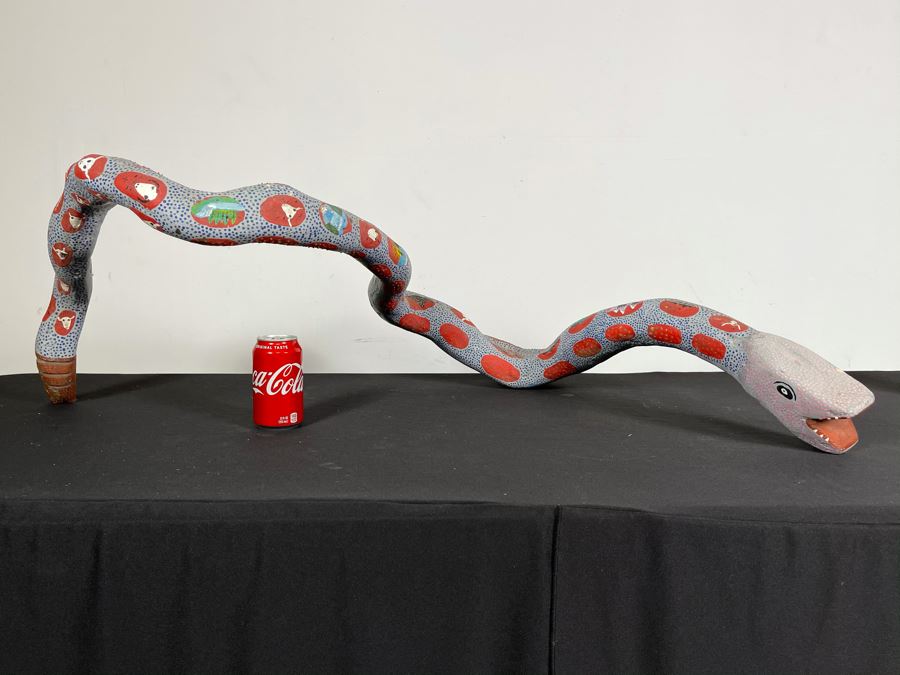 Large Hand Painted Mexican Organic Wooden Snake 46W X 22D X 14H