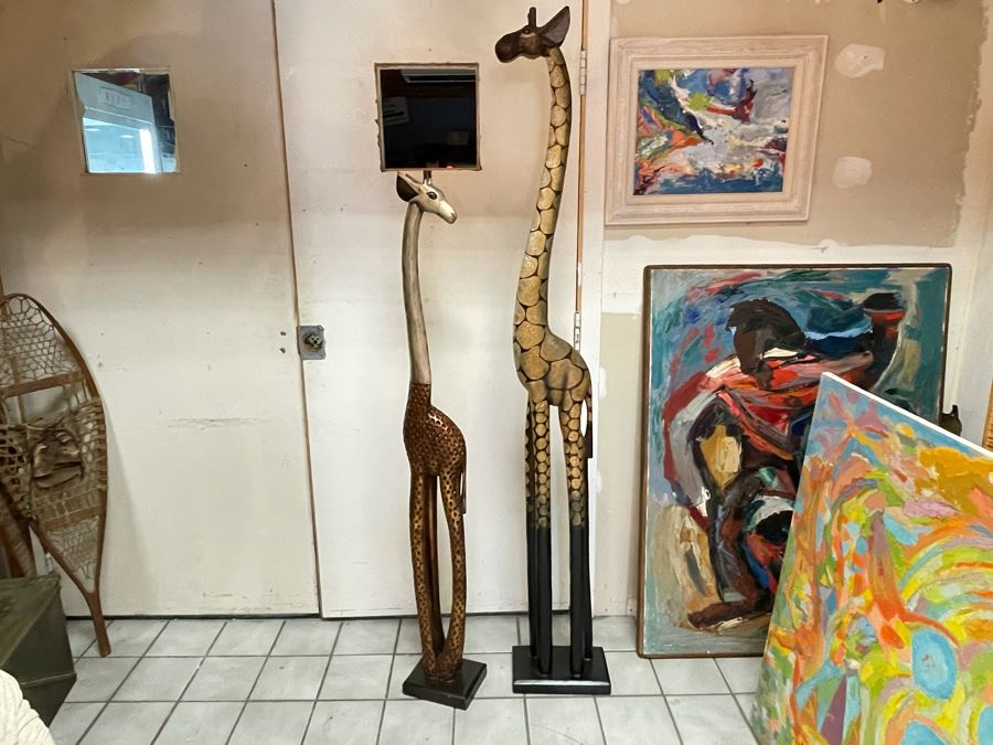Pair Of Tall Contemporary Giraffe Animal Figures Statues Decor (Light - Not Wooden) 75H And 60H [Photo 1]