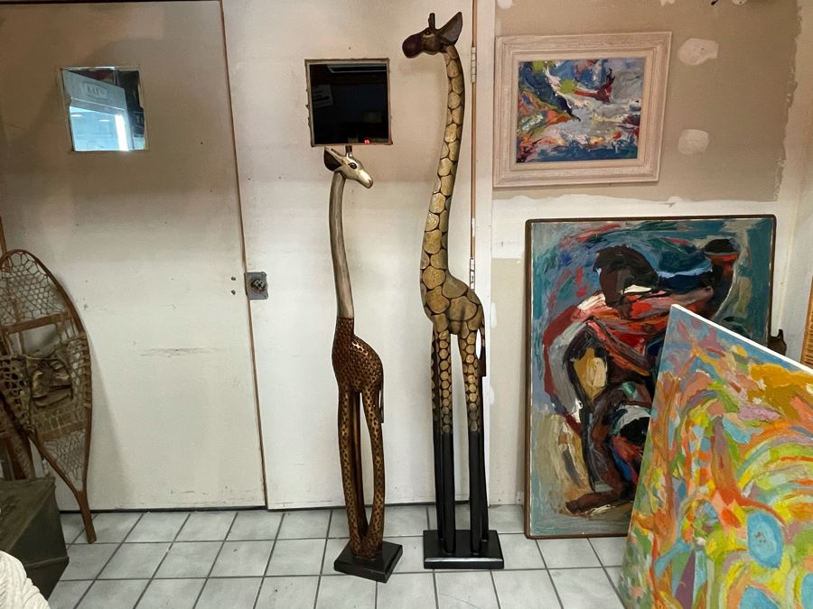 Pair Of Tall Contemporary Giraffe Animal Figures Statues Decor (Light - Not Wooden) 75H And 60H [Photo 2]