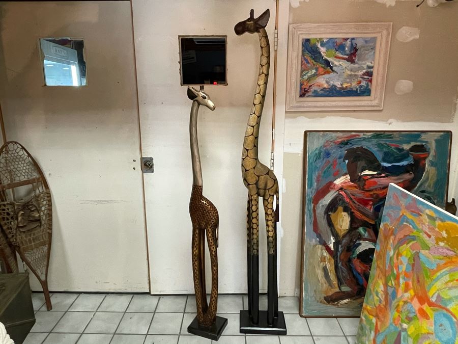 Pair Of Tall Contemporary Giraffe Animal Figures Statues Decor (Light - Not Wooden) 75H And 60H [Photo 3]