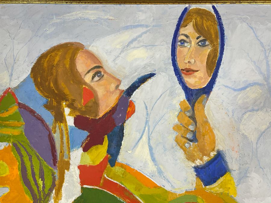 Original Fred Hocks (1886-1981) Painting On Canvas Titled 'Harlequinesque' 36 X 50 (Ferdinand Hocks) - Painting Featured In The 1976 Retrospective Work At The San Diego Museum Of Art (Gallery Tag On Back Of Painting) [Photo 5]