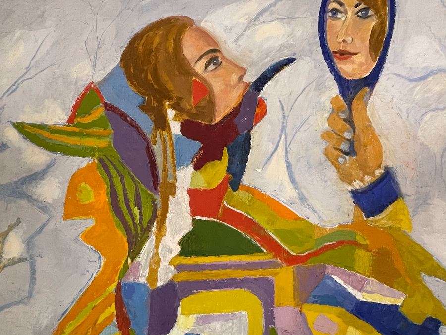 Original Fred Hocks (1886-1981) Painting On Canvas Titled 'Harlequinesque' 36 X 50 (Ferdinand Hocks) - Painting Featured In The 1976 Retrospective Work At The San Diego Museum Of Art (Gallery Tag On Back Of Painting) [Photo 8]