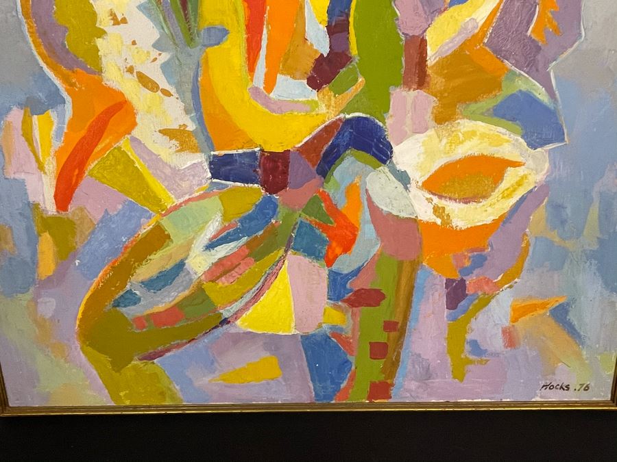 Original Fred Hocks (1886-1981) Painting On Canvas Titled 'Harlequinesque' 36 X 50 (Ferdinand Hocks) - Painting Featured In The 1976 Retrospective Work At The San Diego Museum Of Art (Gallery Tag On Back Of Painting) [Photo 11]