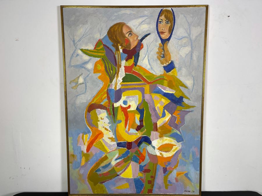 Original Fred Hocks (1886-1981) Painting On Canvas Titled 'Harlequinesque' 36 X 50 (Ferdinand Hocks) - Painting Featured In The 1976 Retrospective Work At The San Diego Museum Of Art (Gallery Tag On Back Of Painting) [Photo 3]